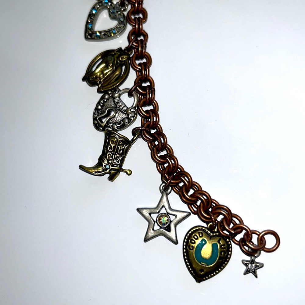 Designer Sweet Romance Equestrian Theme 10 Charm Brass Copper Nickel Bracelet - Picture 10 of 12